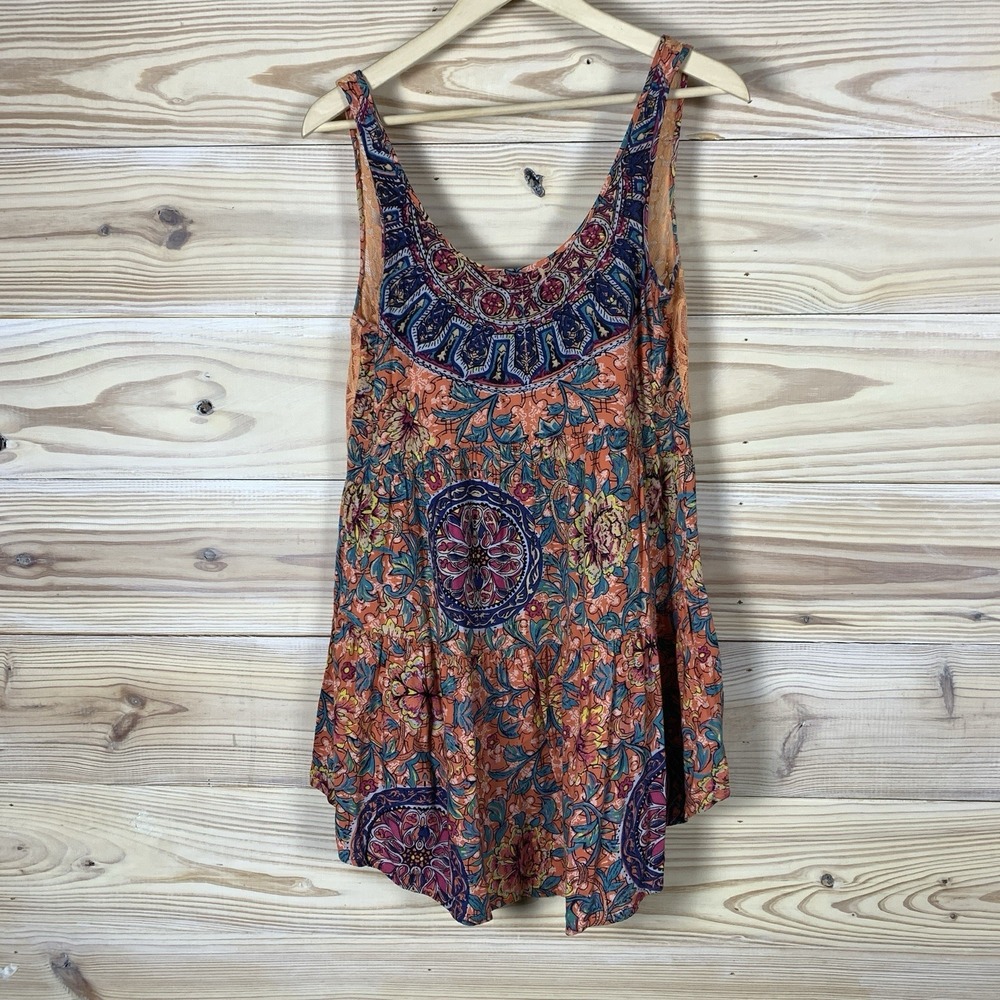 Angie Top Women Small Tunic Tank Floral Peach Lace‎ Tiered Boho Beachy
